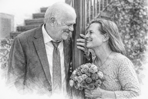 Fotografie von Aloys Peter Trenz Älteres Paar lacht sich an, Frau hält Blumenstrauß Ausgewählte Fotomotive von Aloys Peter Trenz
