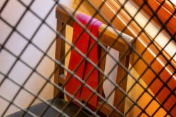 Amsterdam und Umgebung April 2025 Ein rotes Tuch hängt dekorativ auf einem Holzstuhl hinter einer Gitternetzstruktur Amsterdam und Umgebung April 2025 Rotes Tuch hängt über einem Holzstuhl hinter Gitter