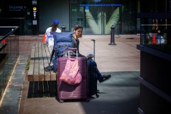 Amsterdam und Umgebung April 2025 Eine Frau entspannt sich mit ihrem Gepäck vor der Amsterdamer Kunsthochschule Amsterdam und Umgebung April 2025 Frau mit Koffern sitzt draußen an der Amsterdamer Hochschule für Kunst