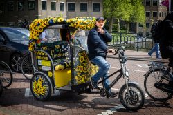 Amsterdam und Umgebung April 2025 Ein Mann fährt ein mit gelben Blumen dekoriertes Fahrradtaxi durch die Stadt Amsterdam und Umgebung April 2025 Mann auf blumengeschmücktem Fahrradtaxi in der Stadt
