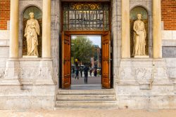 Amsterdam und Umgebung April 2025 Ein offenstehender Eingang mit zwei antiken Statuen in Amsterdam Amsterdam und Umgebung April 2025 Offene Holztür mit antiken Statuen und Blick auf belebte Straße in Amsterdam