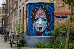Amsterdam und Umgebung April 2025 Ein eindrucksvolles Graffiti-Kunstwerk ziert eine Straßenecke in Amsterdam Amsterdam und Umgebung April 2025 Straßengemälde einer Frau mit Schriftzeichen auf Peter de Hoostraat in Amsterdam