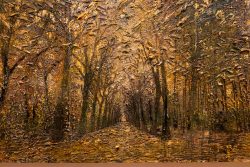 Amsterdam und Umgebung April 2025 Ein stimmungsvoller Waldweg im Herbst, dargestellt in erdigen Farben Amsterdam und Umgebung April 2025 Herbstlicher Waldweg in Ölgemälde mit erdigen Brauntönen