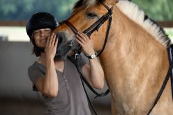 Fotografie von Aloys Peter Trenz Frau mit Helm streichelt ein braunes Pferd in einer Reithalle Ausgewählte Fotomotive von Aloys Peter Trenz