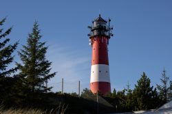 Fotografie von Aloys Peter Trenz Roter und weißer Leuchtturm mit Antennen, umgeben von Kiefern Ausgewählte Fotomotive von Aloys Peter Trenz