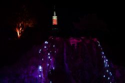 Frankfurt Palmengarten Winterlichter 2025 Nächtliche Lichtinstallation mit beleuchtetem Turm und Wasserfall