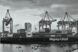 Hamburg Architekturfotografie und Hafen Februar 2024 Containerterminal mit Hapag-Lloyd Schiff und Kränen im Hafen