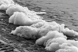 Insel Sylt Februar 2025 Natürlicher Meeresschaum türmt sich am Strand auf Insel Sylt Februar 2025 Schaum am Strand eines Meeres in Schwarz-Weiß