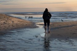Insel Sylt und Hallig Hooge Oktober 2025 Ein einsamer Spaziergang am Strand bei Sonnenuntergang, harmonisches Bild Insel Sylt und Hallig Hooge Oktober 2025 Person geht bei Sonnenuntergang am Strand entlang
