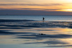 Insel Sylt und Hallig Hooge Oktober 2025 Ein einsamer Spaziergänger genießt den Sonnenuntergang am Strand. Insel Sylt und Hallig Hooge Oktober 2025 Person geht am ruhigen Strand bei Sonnenuntergang entlang