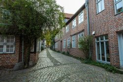 Lüneburg August 2024 Pflastersteinstraße mit Altbauhäusern und Efeu in einer ruhigen europäischen Innenstadt