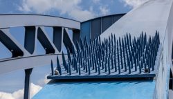 Magdeburg Brücke mit blauen Spikes gegen Vögel unter bewölktem Himmel