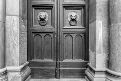 Mainz Architektur Fotografie Eine kunstvolle Holztür mit auffälligen Löwenkopf-Türklopfern ziert das Gebäude Mainz Architektur Fotografie Holztür mit Löwenkopf-Klopfern in historischer Architektur