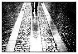Mainz Street Fotografie Ein eindrucksvolles Schwarz-Weiß-Foto einer Person auf einer regennassen Straße. Mainz Street Fotografie Schwarz-Weiß-Foto einer Person auf nasser gepflasterter Straße