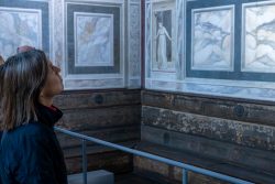 Padua Entschleunigte Fotografie Oktober 2024 Frau betrachtet antike Wandmalereien in einem Museum