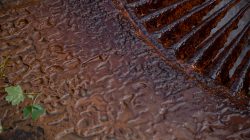 Bad Vilbel Herbst 2022 Fotoserie Aloys Peter Trenz Nahaufnahme von rostigem Metall mit Wasser und Blättern