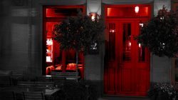 Frankfurt Altstadt und Ostend - Schwarz Weiss Fotografie Ein einladendes Restaurant bei Nacht mit leeren Sitzplätzen im Außenbereich Frankfurt Altstadt und Ostend - Schwarz Weiss Fotografie Rote Restauranttür und Fenster bei Nacht mit Bäumen und leeren Tischen