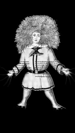 Frankfurt Altstadt und Ostend - Schwarz Weiss Fotografie Illustration einer historischen Figur mit elektrisierten Haaren Frankfurt Altstadt und Ostend - Schwarz Weiss Fotografie Illustration einer Figur mit elektrisierten Haaren und ausgestreckten Armen