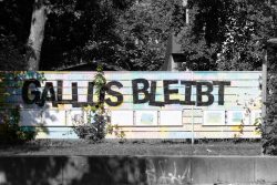 Gallus Viertel Frankfurt Street- und Architekturfotohrafie Ein Zaun in lebendigen Farben mit der Aufschrift 'Gallus bleibt' Gallus Viertel Frankfurt Street- und Architekturfotohrafie Farbig bemalter Zaun mit Graffiti 'Gallus bleibt'