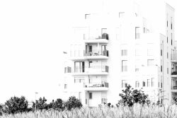 Gallus Viertel Frankfurt Street- und Architekturfotohrafie Ein modernes Wohngebäude in minimalistischem Design Gallus Viertel Frankfurt Street- und Architekturfotohrafie Moderne weiße Wohngebäude mit Balkonen und Pflanzen im Vordergrund