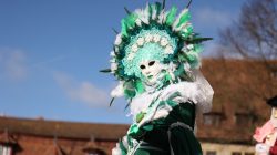 Halla Venezia Schwäbisch Hall Februar 2023 Teilnehmer trägt aufwendiges grünes Federkostüm während des Karnevals. Halla Venezia Schwäbisch Hall Februar 2023 Person in grüner, gefiederter Karnevalsmaske bei sonnigem Wetter