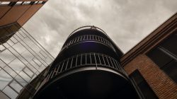 Hamburg Hafencity Fotoserie Aloys Peter Trenz März 2023 Dramatische Aussicht auf modernen Balkon mit Wolken am Himmel