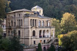 Heidelberg Natur- Architekturfotografie Historische Villa im klassischen Stil mit üppigem Garten und bewaldetem Hintergrund