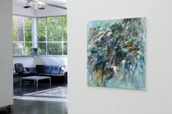 Kunstausstellung Künstlerin Andrea Simon Juli 2024 Kunsthalle Frankfurt Abstraktes Gemälde in moderner Galerie mit Sitzbereich