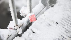 Landschaftsfotografie Winter Gernsheim Dezember 2022 Ein rotes Vorhängeschloss an einer verschneiten Brücke Landschaftsfotografie Winter Gernsheim Dezember 2022 Verschneite Brücke mit rotem Vorhängeschloss
