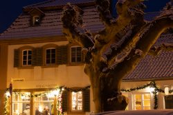 Landschaftsfotografie Winter Gernsheim Dezember 2022 Ein weihnachtlich beleuchtetes Fachwerkhaus mit Dekoration im Schnee. Landschaftsfotografie Winter Gernsheim Dezember 2022 Schneebedecktes Fachwerkhaus nachts beleuchtet in weihnachtlicher Atmosphäre