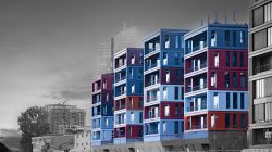 Mainuferfest Frankfurt Fotoserie Aloys Peter Trenz August 2022 Moderne bunte Wohngebäude mit grauem Himmel im Hintergrund