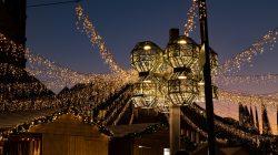 Mainz Weihnachtsmarkt Dezember 2023 Weihnachtsmarkt bei Nacht, erleuchtet von festlichen Lichterketten und dekorativen Laternen