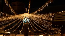 Mainz Weihnachtsmarkt Dezember 2023 Weihnachtsmarkt bei Nacht mit Lichterketten und Stimmungslicht