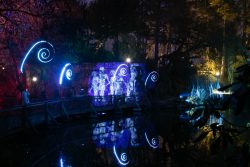 Palmengarten Frankfurt Winterlichter Januar 2022 Nächtliche Lichtinstallation im Wald mit bunten Spirallichtern über einem Teich