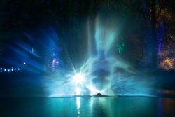 Palmengarten Frankfurt Winterlichter Januar 2022 Leuchtende Wasserprojektion im dunklen Park bei Nacht