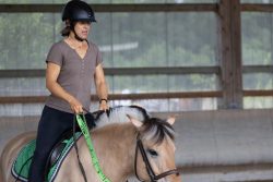 Reitstunde Fotografie Aloys Peter Trenz Frau reitet in einer Halle auf einem braunen Pferd