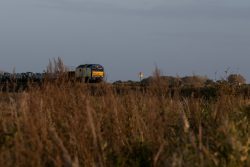 Sylt Fotografie Licht - Bewegung Oktober 2021 Zug im Freien mit grasbewachsenem Vordergrund und blauem Himmel