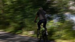 Urban Life und Streetfotografie Frankfurt Juni 2022 Mann fährt auf dem Fahrrad durch grüne Landschaft