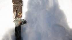 Zugspitze Dezember 2022 Nahaufnahme eines alten, rostigen Metallbolzens im Schnee