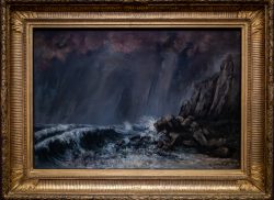 Städel Museum - Monet - Monets Küste Die Entdeckung von Étretat Mai 2026 Ein eindrucksvolles Gemälde einer Seelandschaft mit tosender Brandung und steilen Klippen Städel Museum - Monet - Monets Küste Die Entdeckung von Étretat Mai 2026 Dramatische Seelandschaft mit stürmischen Wellen und Klippen im goldenen Rahmen