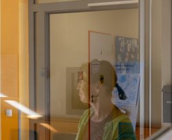 Meissen Mai 2026 Reflektion eines Mannes in Glastür eines Büros, Raum Nummer 4 sichtbar
