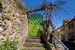 Meissen Mai 2026 Leuchtend grünes Tor in einer steinernen Mauer mit blauen Himmel im Hintergrund