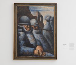 Paris Juni 2026 Gemälde von Soldaten in blauen Uniformen mit Helmen, expressionistischer Stil