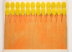 Paris Juni 2026 Moderne Kunst: Gelbe Elemente auf orangem Hintergrund in geometrischem Muster