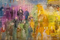 Paris Juni 2026 Buntes Wandgemälde historischer Figuren der Wissenschaft in einem akademischen Gebäude