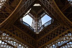 Paris Juni 2026 Blick von unten auf die komplexe Stahlstruktur des Eiffelturms in Paris