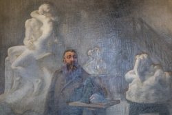 Paris Juni 2026 Gemälde von Auguste Rodin in seinem Atelier mit berühmten Skulpturen im Hintergrund