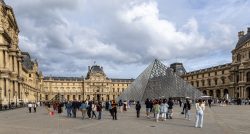 Paris Juni 2026 Touristen vor der Louvre-Pyramide in Paris bei bewölktem Himmel