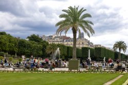 Paris Juni 2026 Jardin du Luxembourg mit Menschen, Springbrunnen und Palmen in Paris, bei bewölktem Himmel