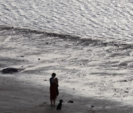 Saint-Malo Oktober 2026 Person mit Hund an einsamem, welligem Strand